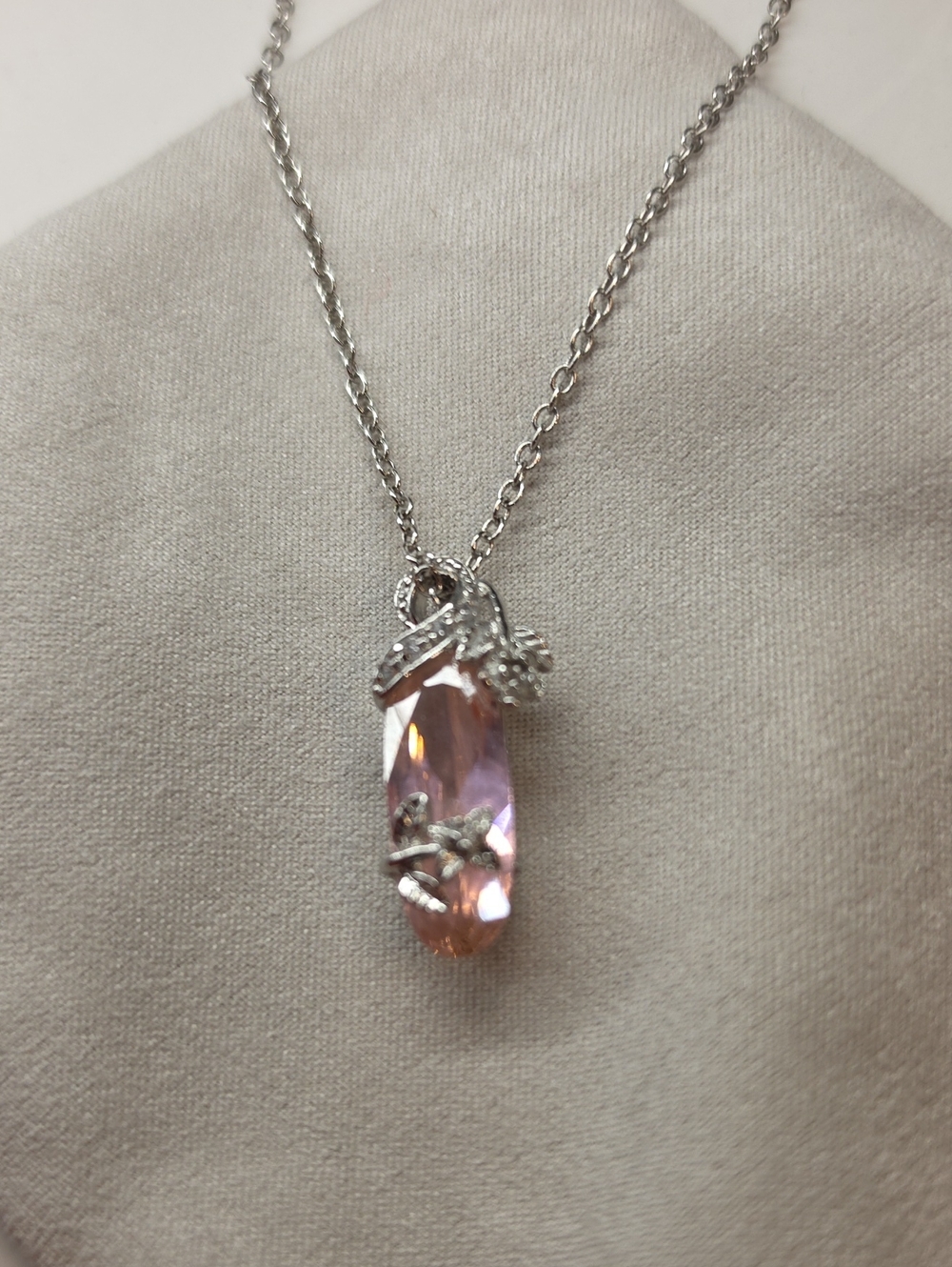 Silver Tone Necklace with Pink Crystal Pendant With Rhinestones